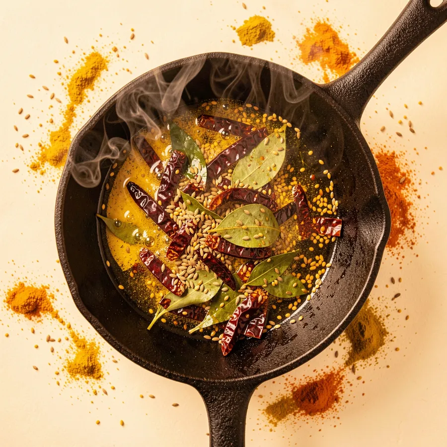 Cumin, dried chillies and curry leaves sizzling in ghee in a cast iron pan